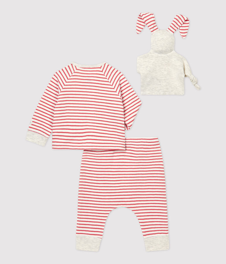 Dreiteiliges Baby-Set aus Bio-Baumwolle mit Ringelstreifen weiss/orange